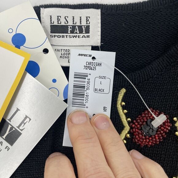 Leslie Fay Vintage Women Large Black Sweater Beaded Embellished Sequin Cardigan - Picture 5 of 15